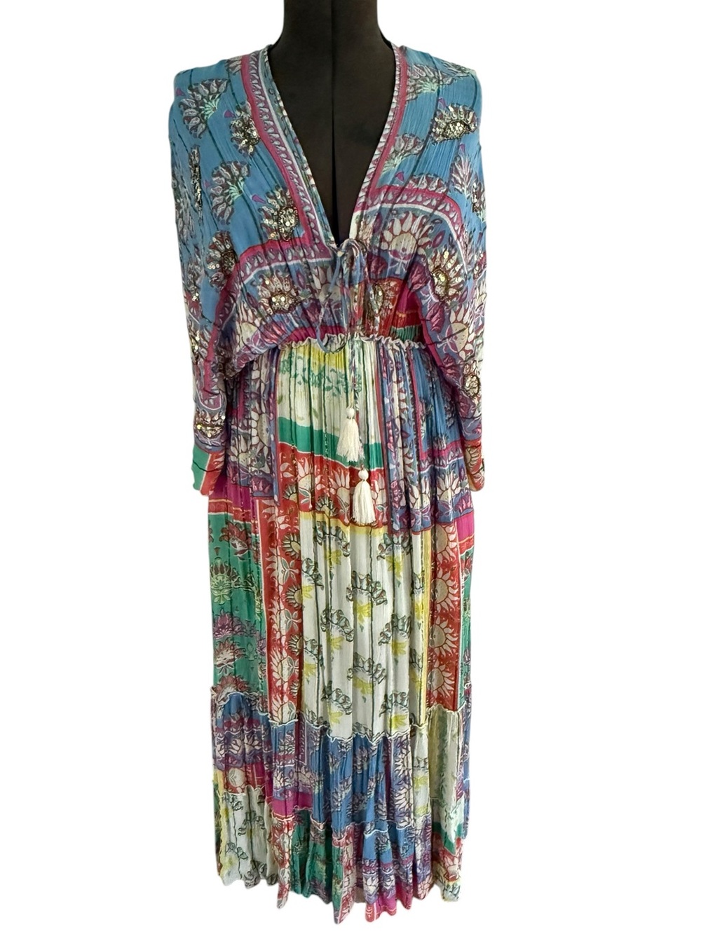 Zury Boho Maxi Dress 100% Viscose Made in India Tassel Tie Free Size